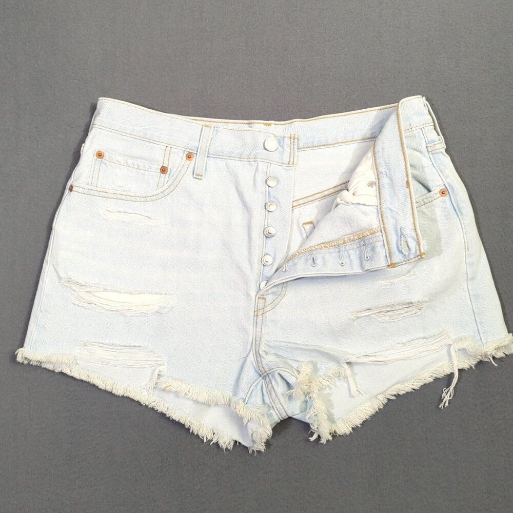 Levi's Jean Shorts Women's 33 Blue 501 Button Fly Distressed Denim